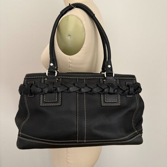 COACH Hampton Black Pebbled Leather Shoulder Bag Braided Trim Tassel - Picture 2 of 10